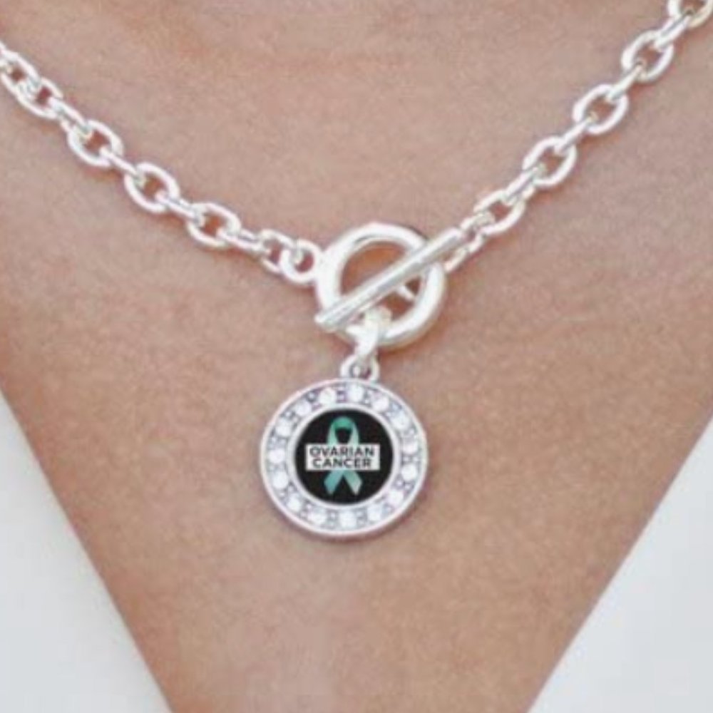 Inspired Silver Ovarian Cancer Toggle Charm Necklace